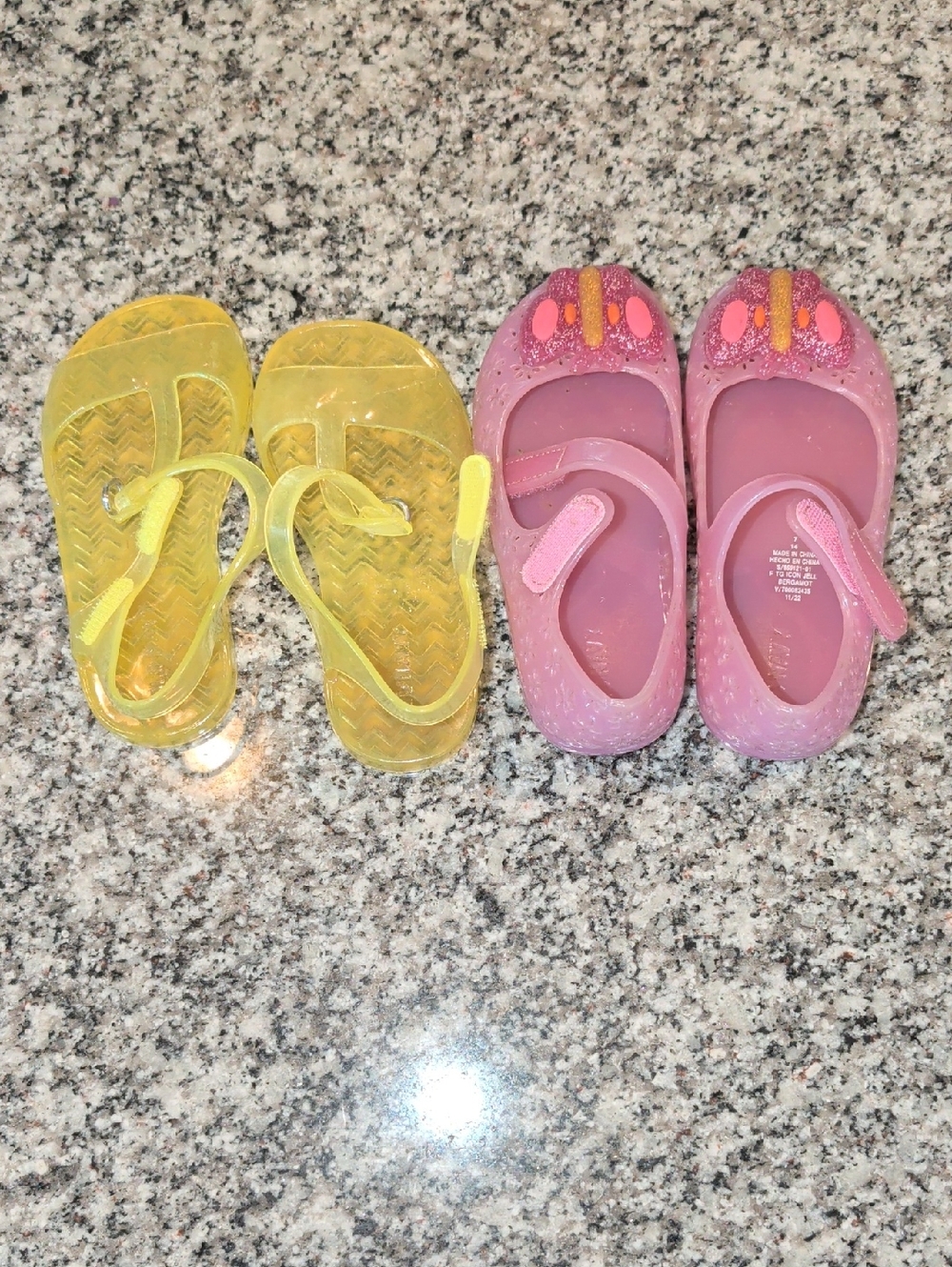 Old Navy Yellow Jelly Flip Flops + Pink Glitter Mary Jane Sandals